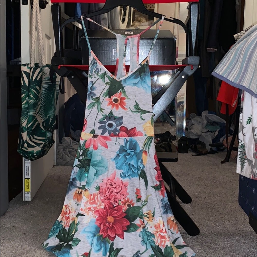 Grey summer dress with pink and blue flowers